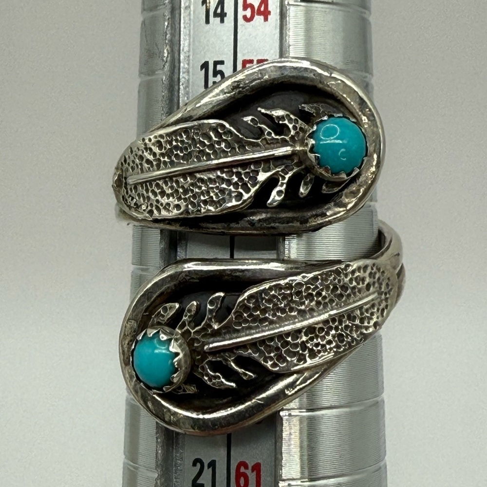Navajo Sterling Silver Feather Wrap Ring by Etta Berim Twin Turquoise Cabochons - Picture 13 of 14